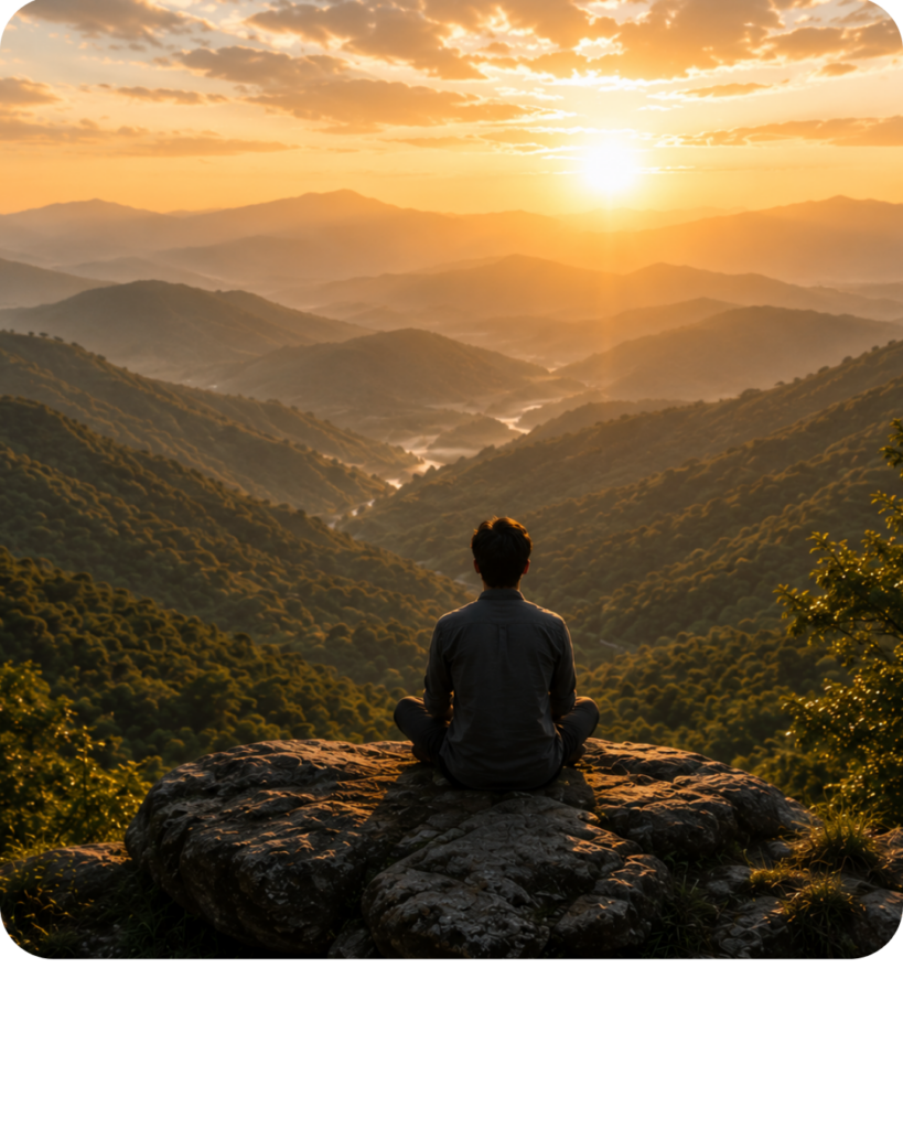 A person meditating on a rocky mountaintop overlooking a sunrise-filled valley, symbolizing mindfulness, inner peace, spiritual awakening, self-discovery, and holistic wellness.