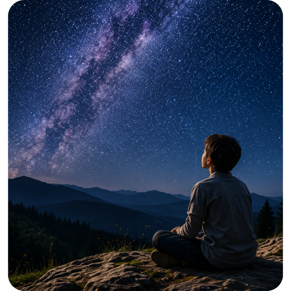 A child sitting on a rocky hill under the Milky Way, looking up at the star-filled night sky, symbolizing curiosity, mindfulness, spiritual discovery, hope, and connection with the universe.