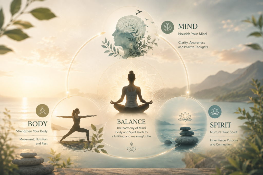 Conceptual illustration of mind body spirit connection and holistic wellbeing