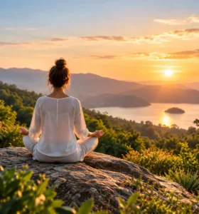 Woman meditating at sunset overlooking mountains and water