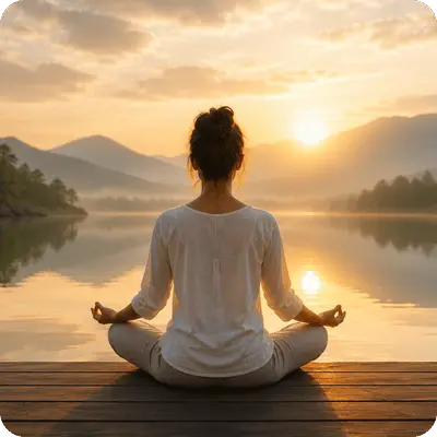 Person meditating peacefully by a lake at sunrise