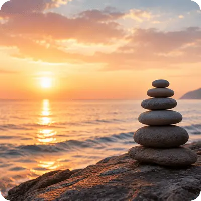 Balanced stones by the ocean at sunset representing inner peace and spiritual balance